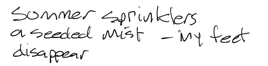 Haiku; Summer sprinklers / a seeded mist --my feet / disappear