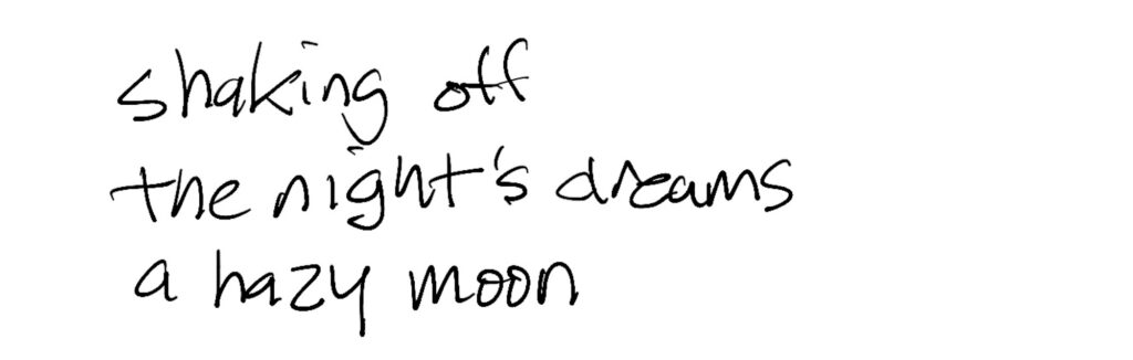 Haiku;  shaking off /  the night’s dreams /  a hazy moon