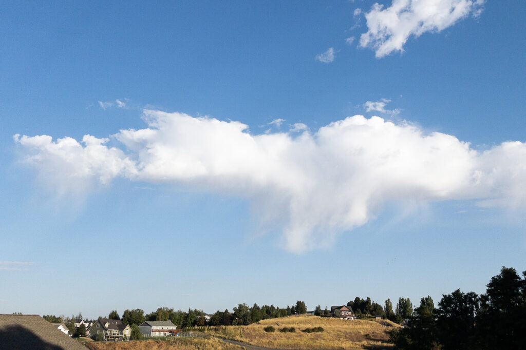 Photograph by Joe Pallen; A line of clouds raining, but drying before it hits the ground, over a neighborhood