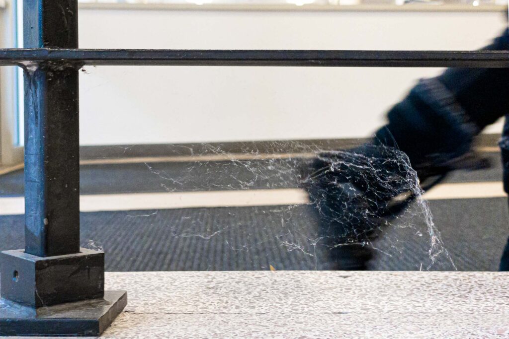 Photograph; A spider’s web flows along with a person passing by in a foyer along an iron railing.