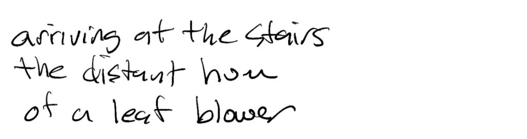 Haiku; arriving at the stairs / the distant hum / of a leaf blower
