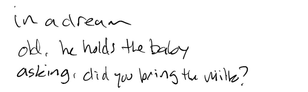 Haiku; in a dream / old, he holds the baby / asking, did you bring the milk?