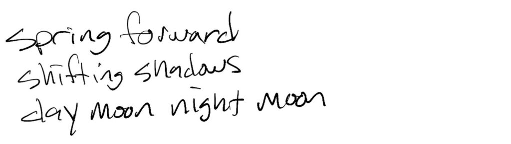 Haiku; spring forward / shifting shadows / day moon night moon
