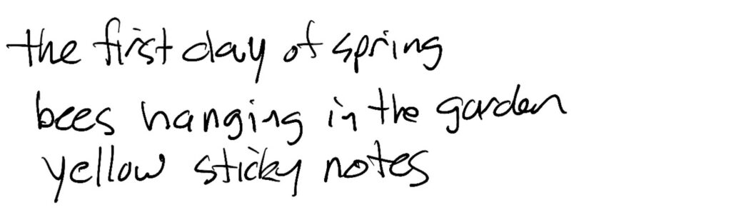 Haiku; the first day of spring / bees hanging in the garden / yellow sticky notes