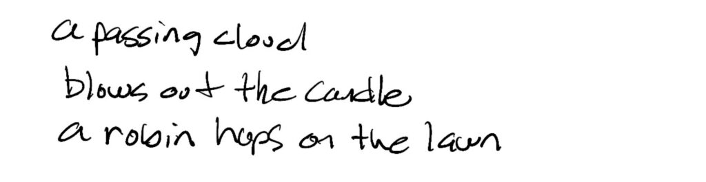 Haiku; a passing cloud / blows out the  candle / a robin hops on the lawn