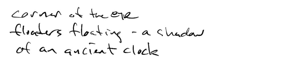 Haiku; corner of the eye / floaters floating —a shadow / of an ancient clock