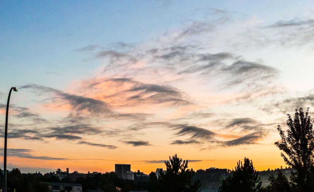 Photograph; Sunrise,  dark and light wispy clouds in the pre-dawn sky