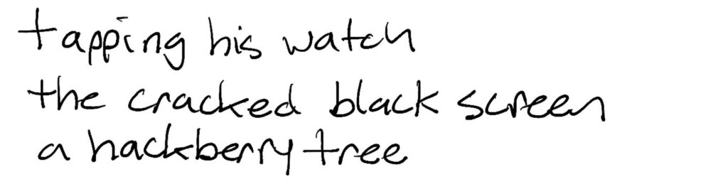 Haiku; tapping his watch / the cracked black screen / a hackberry tree