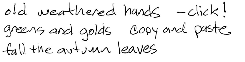 Haiku; old weathered hands —click!  / greens and golds   copy and paste / fall the autumn leaves