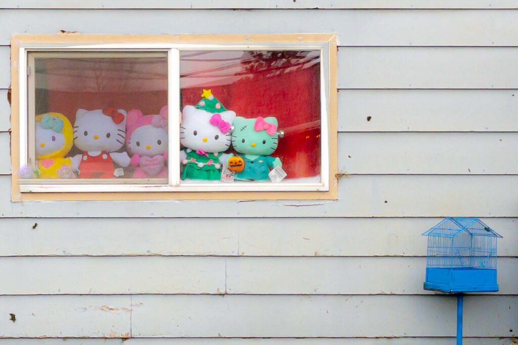 Photograph; An empty blue birdcage outside below a window with five stuffed hello kitty dolls in front of a red curtain.