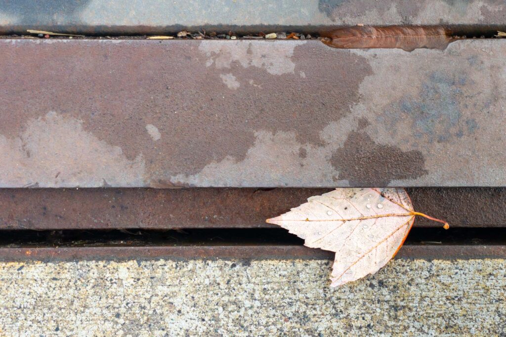 Photograph; an autumn leaf with water droplets sits partially under the steel plates at the base of a bridge.