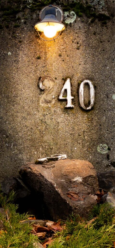 Photograph; a porch light on a retaining wall, illuminating an address with the number two fallen on a rock, above and an evergreen plant.