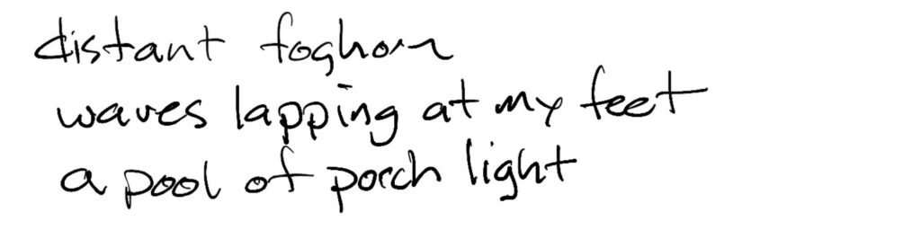 Haiku; distant foghorn / waves lapping at my feet/ a pool of porch light