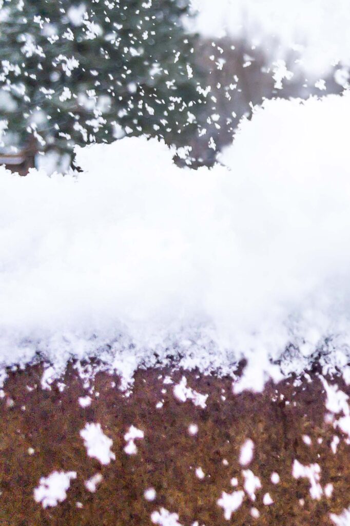 Photograph; kicked up snow on the railing of a steel bridge.