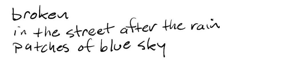 Haiku; broken/in the street after the rain/patches of blue sky