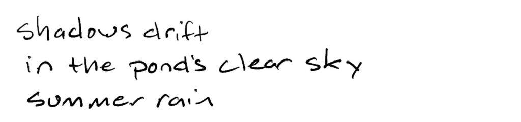 Haiku; shadows drift in the pond’s clear sky, summer rain