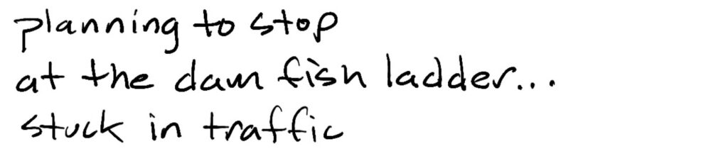 planning to stop/at the dam fish ladder…/stuck in traffic