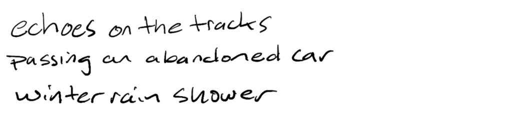 Echoes on the tracks/passing an abandoned car/winter rain shower