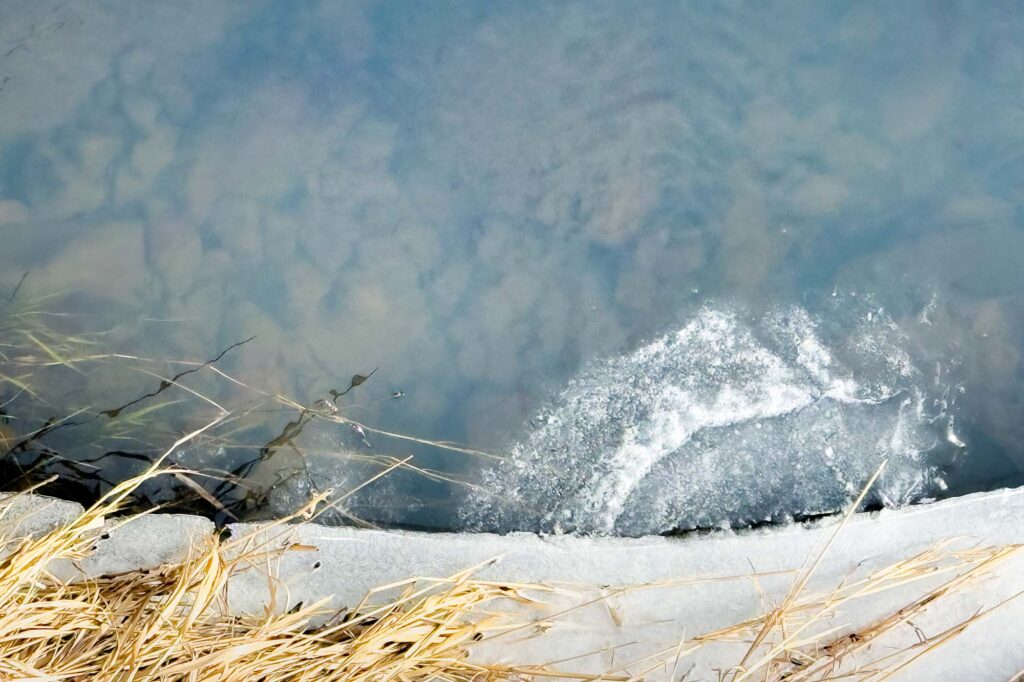 Photograph of a frozen creek, the silt on the rocky bottom looking like plumes of smoke, at the river’s edge, a shore of ice, white and from it a half circle of frozen white bubbles.