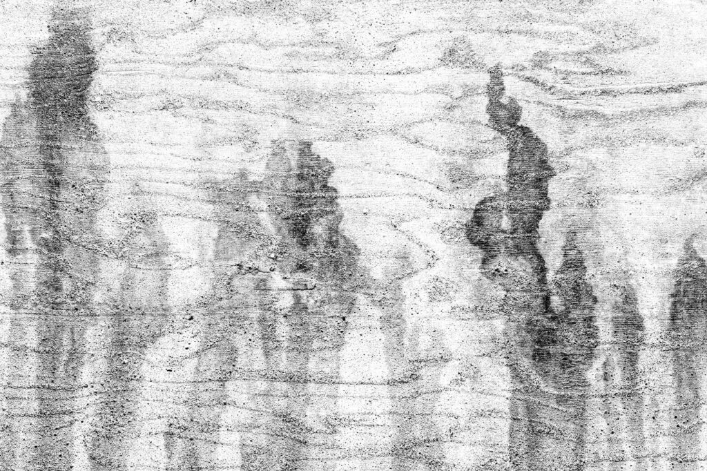 Photograph of a cement wall with stains flowing upward into a pattern of wood.