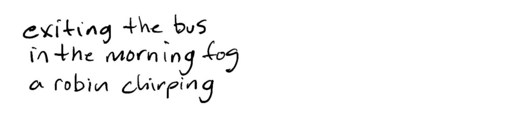 exiting the bus/in the morning fog/a robin chirping