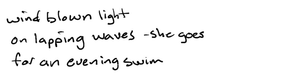 wind blown light/on lapping waves —she goes/for an evening swim