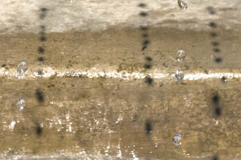 Color photograph water droplets and their shadows on the concrete edge of a fountain that is mostly wet and partially dry.