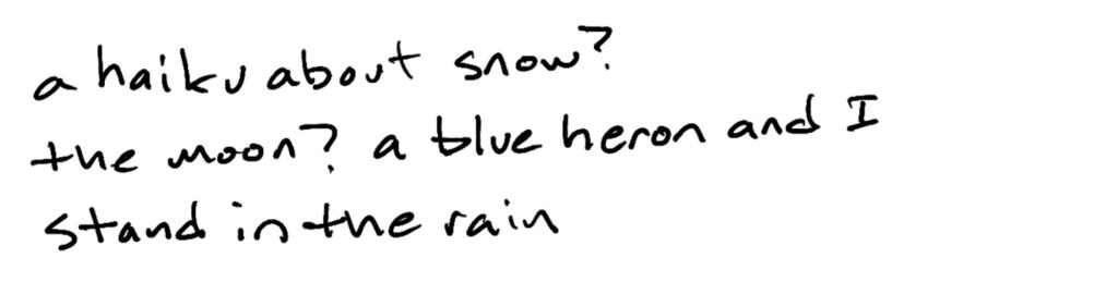 a haiku about snow?the moon? a blue heron and I/stand in the rain.