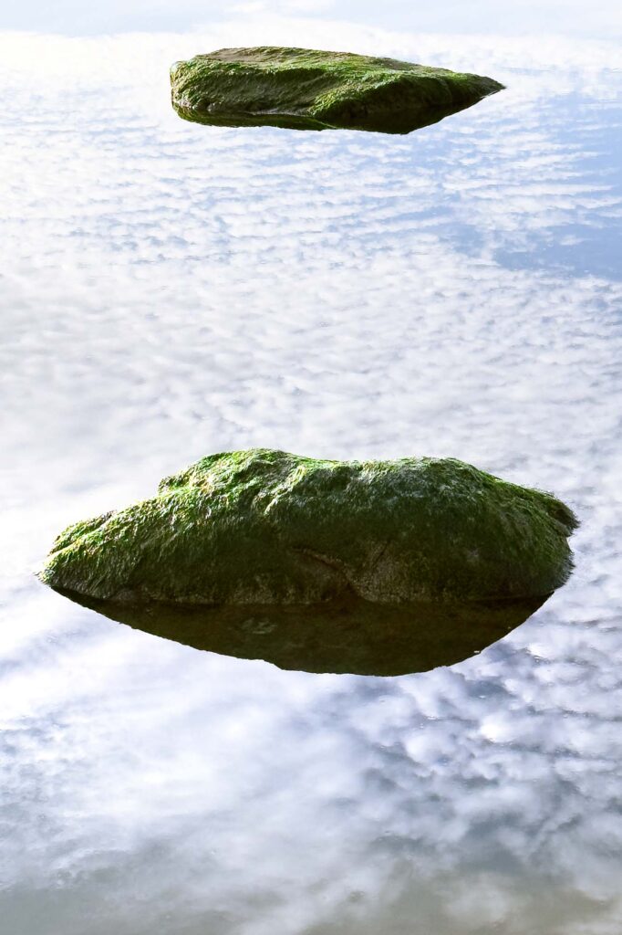 Color photograph of two rocks in a puddle on the beach covered in seaweed that appear floating in partly a cloudy sky.
