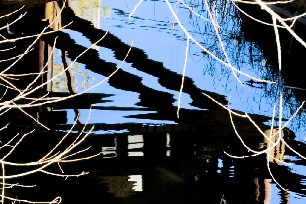 Color photograph of high water in a creek, with ripping shadows below a bridge, bare tree branches and bushes framed the scene.