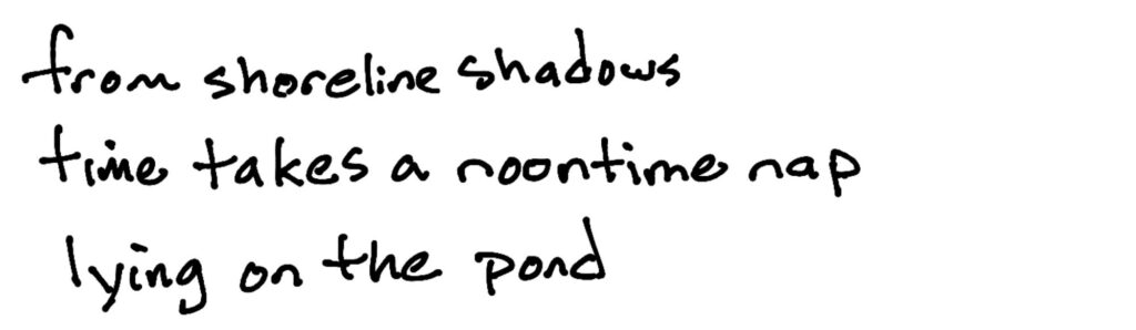 from shoreline shadows/time takes a noontime nap/lying on the pond