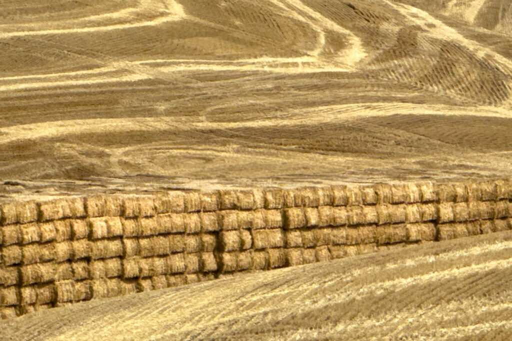 This goes with a photo of harvested Fields with a horizontal line of bales of hay stacked 7 high crossing the entire photograph.