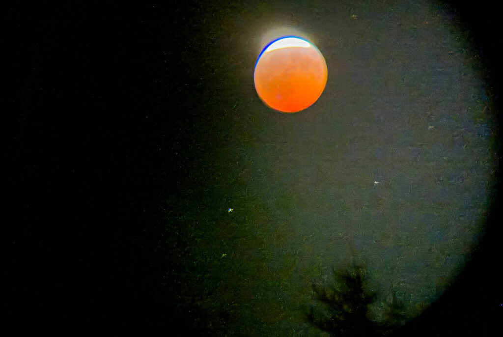 Color photograph of an eclipse of the moon, the moon shadow is red shading most of the moon. The photo is taken through binoculars with on side curved to black, the other fades to black. There are a few stars and the silhouette of the tip of a pine tree.