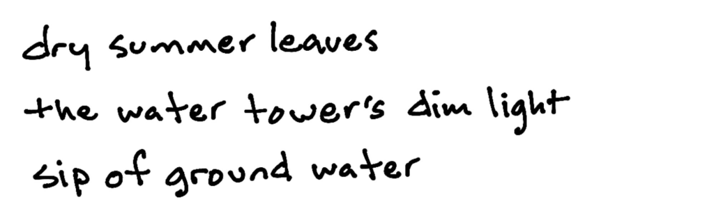 dry summer leaves/the water tower’s dim light/sip of ground water